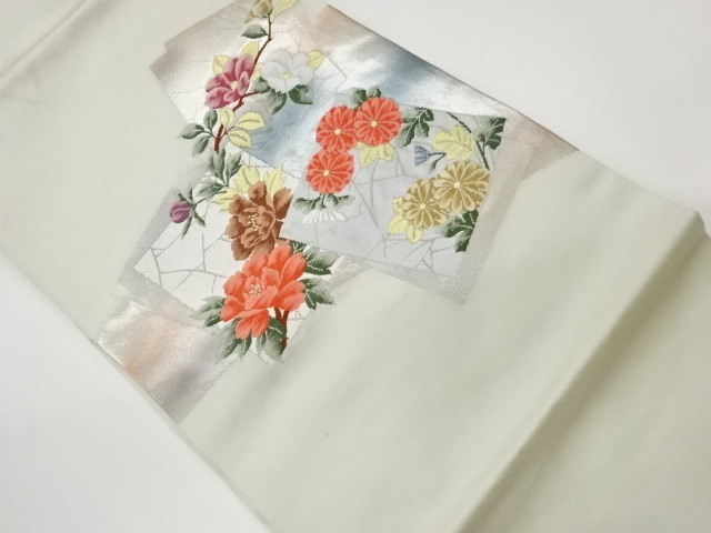 リサイクル　色紙に椿・牡丹・菊模様織出し名古屋帯